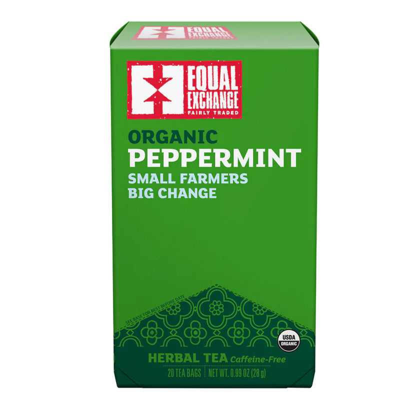 Green box of Equal Exchange organic peppermint tea on a white background
