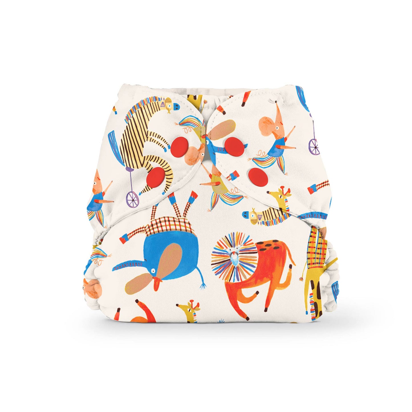 Colorful diaper with circus-themed design on a white background