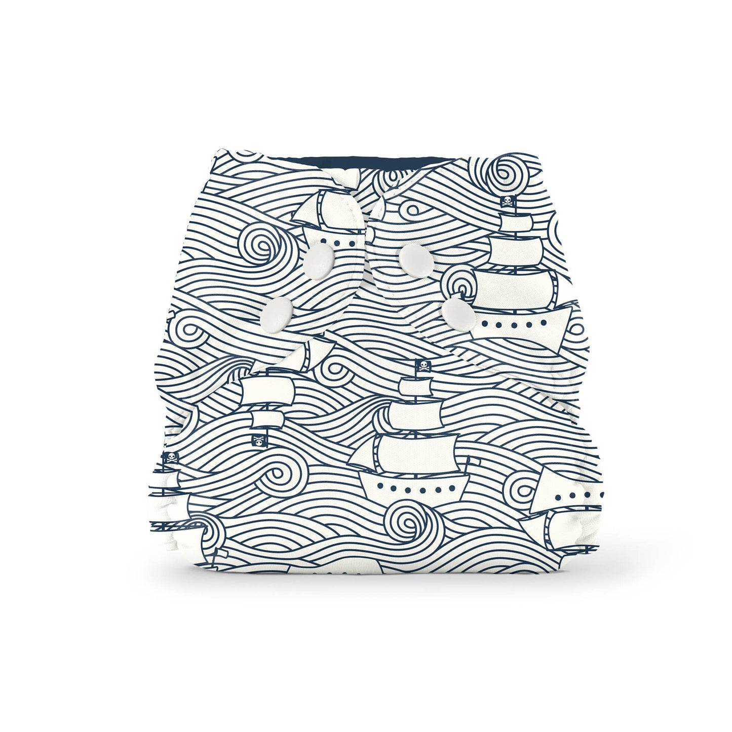 Nappy with nautical pattern featuring ships and waves on a white background