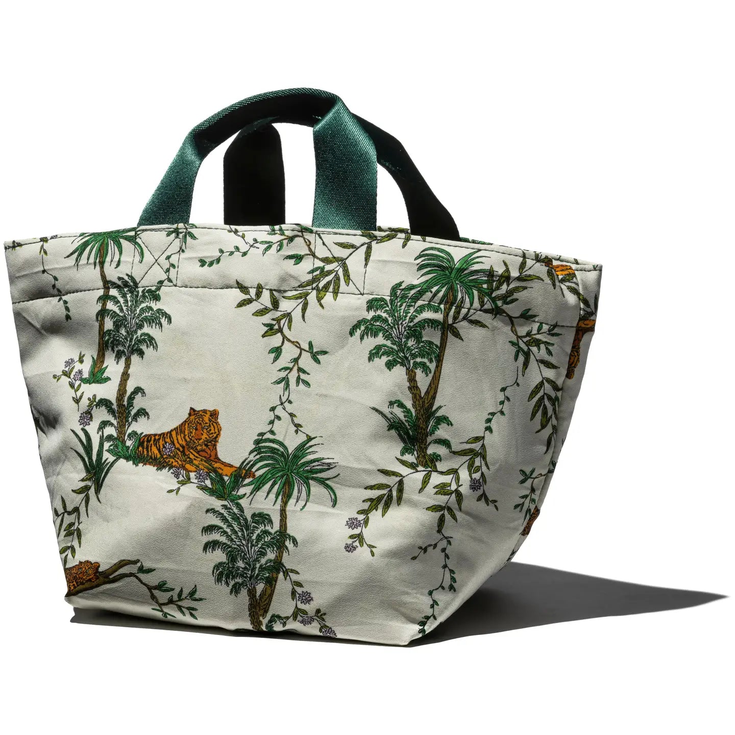 Cream jungle print with tigers bag with green handles