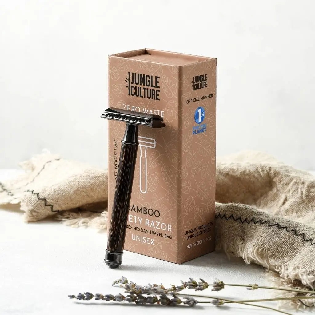Jungle Culture bamboo safety razor with packaging on a neutral background