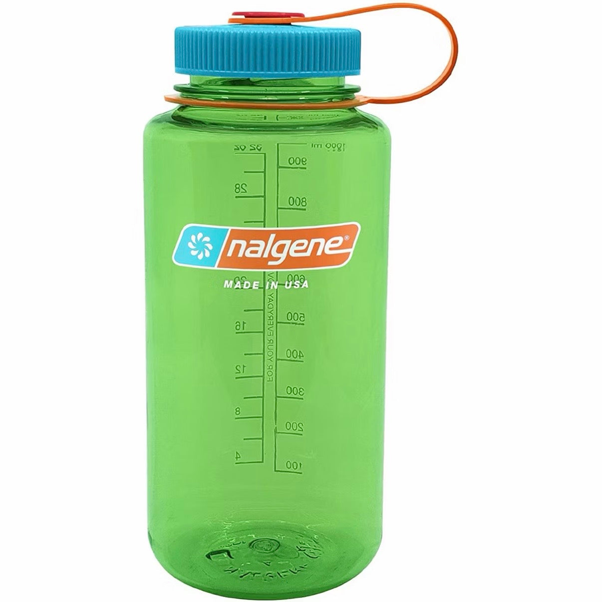 Green Nalgene water bottle with blue lid on a white background
