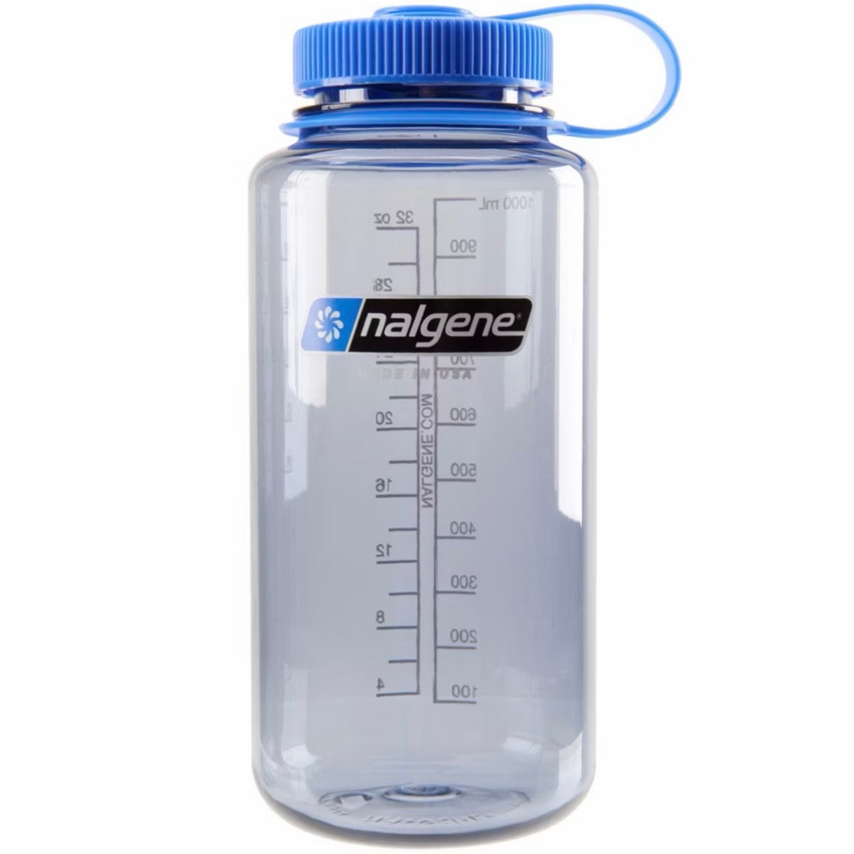 Clear water bottle with blue lid and Nalgene logo on a white background