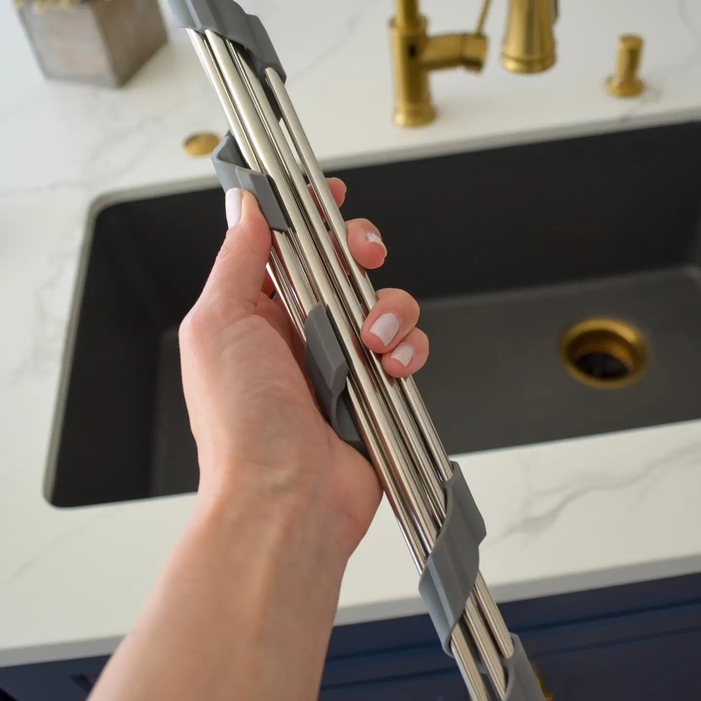 Gray Corner Roll-Up Sink Rack | Shower Rack – The Well Market + Refillery