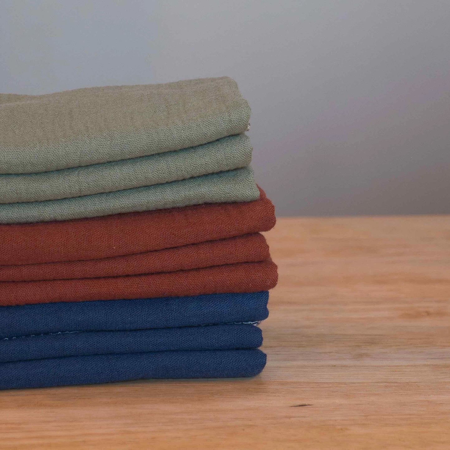 Red, green, and blue Organic cotton washcloths.