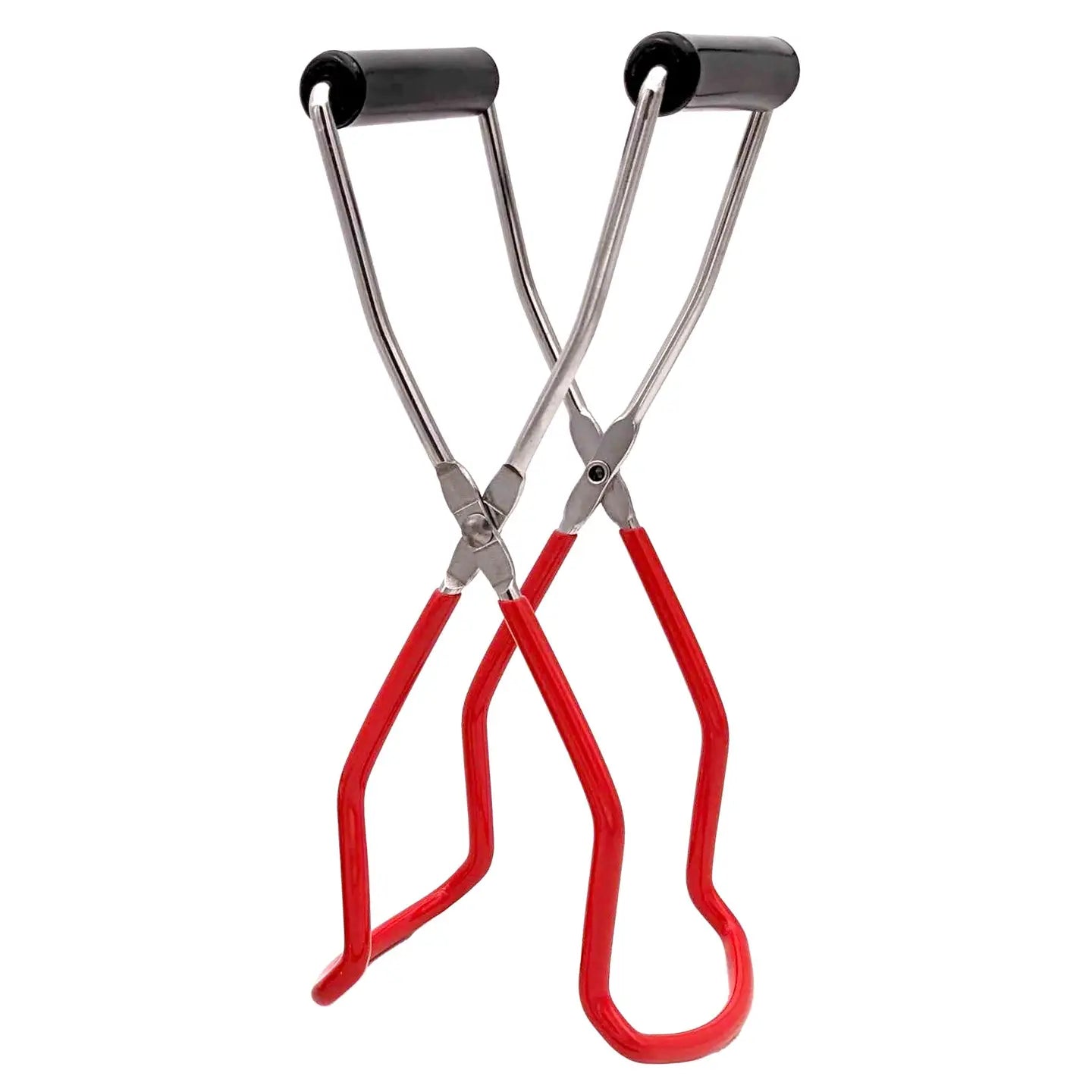 Canning jar lifter with red grippers.