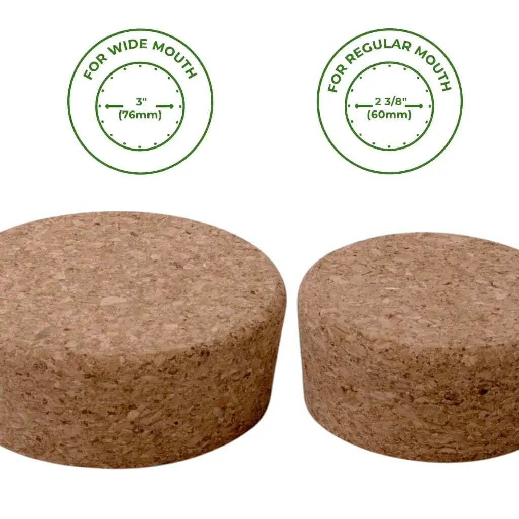 Two cork bottle stoppers with size guidelines for wide and regular mouth bottles on a white background.