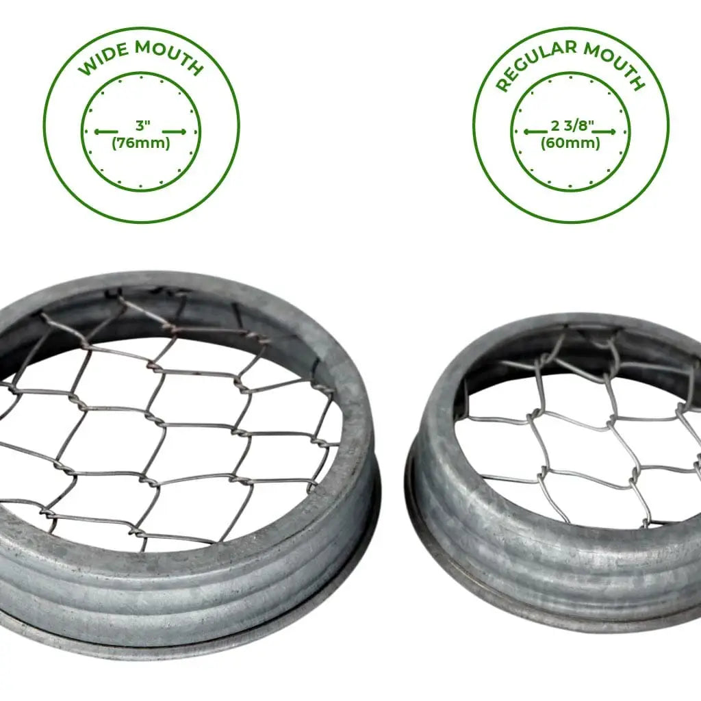 Two metal mesh rings with measurements labeled 'Wide Mouth' and 'Regular Mouth' on a white background.