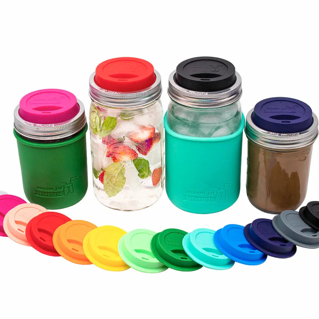 Set of reusable jars with colorful lids and a variety of colored sip lids displayed below on a white background.
