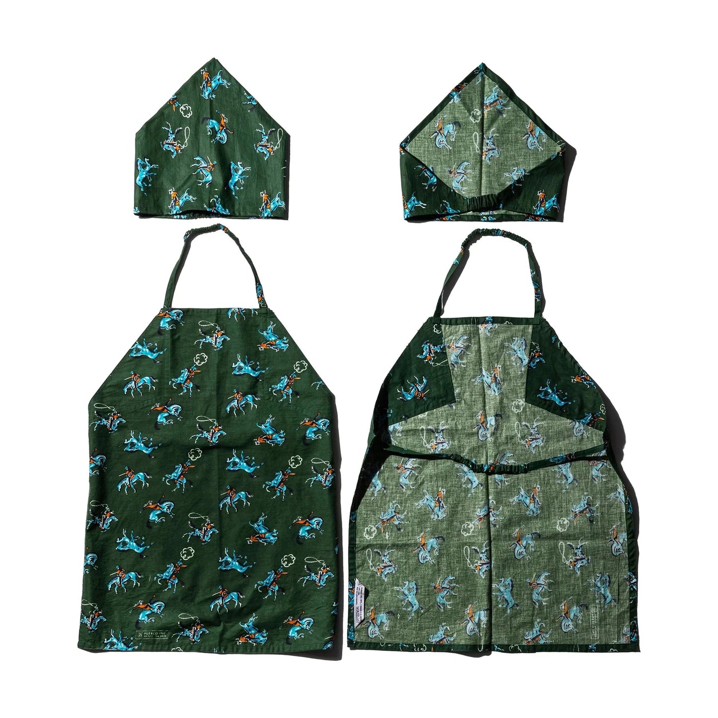 Green apron and matching kerchief with horse pattern on a white background