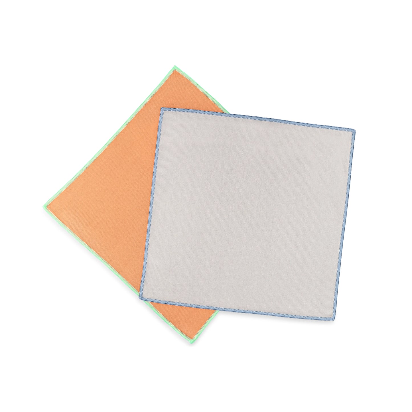 Two cleaning cloths, one orange and one gray with blue border, on a white background.