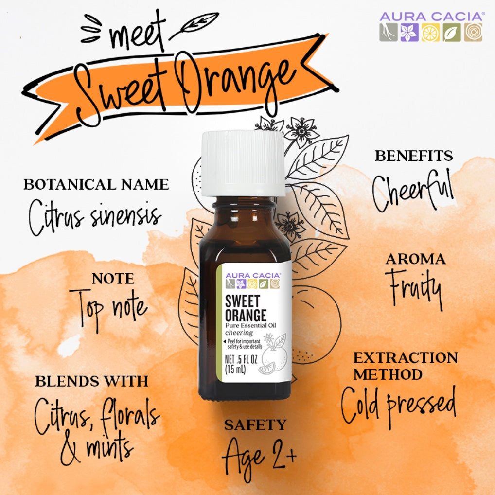 Information about Sweet Orange essential oil bottles. 