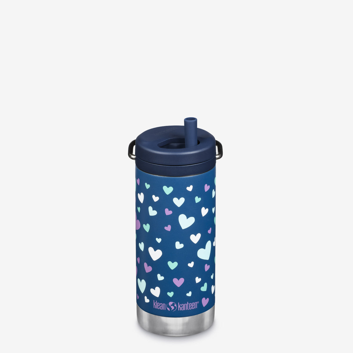 Heart patterned blue insulated water bottle twist cap with straw 12oz