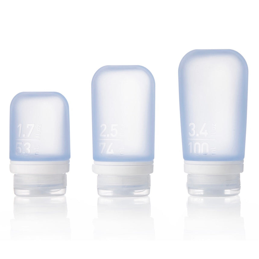 Various sized GoToob+ silicone squeezable travel tubes. 